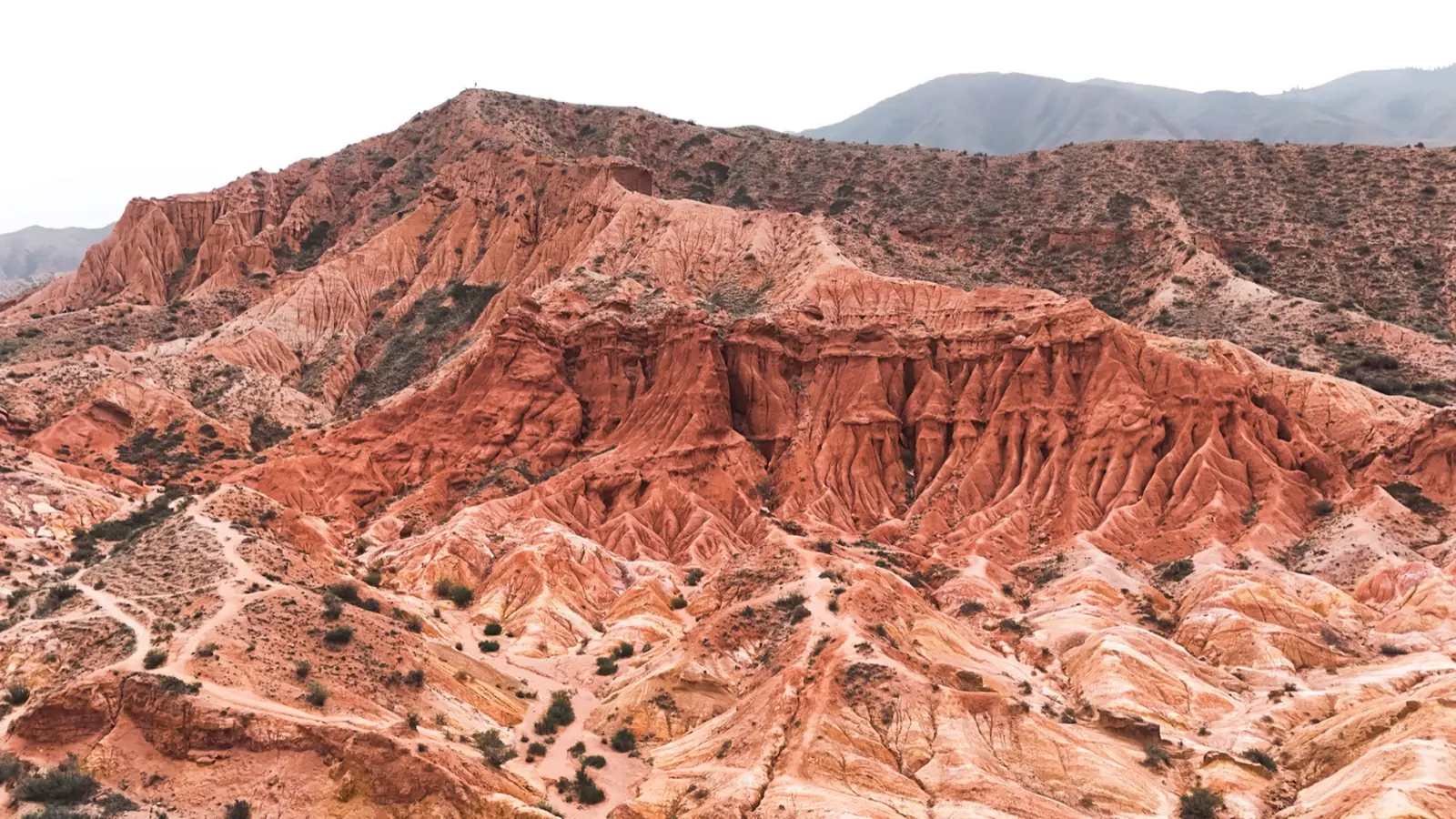 Aerial view of red canyon ridges